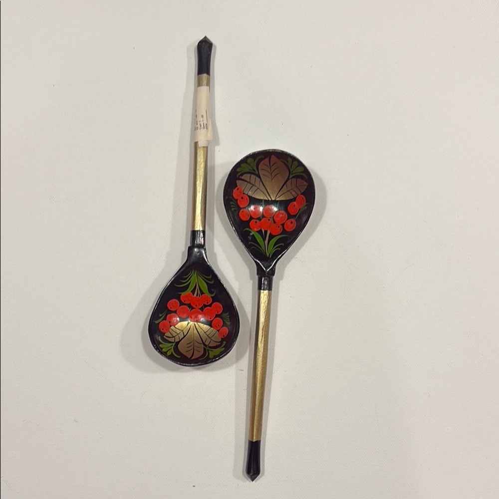 Vintage Khokhloma Russian Wooden Spoons Berry Pattern Hand Painted Set Of 2.